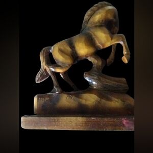 VTG (2) 1969 Hand Carved Wood Tiger Eyed Horse Book Ends, One of the kind